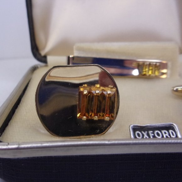 Vintage Boxed Cuff Links Tie Clasp Set Yellow Stones - Picture 6 of 9